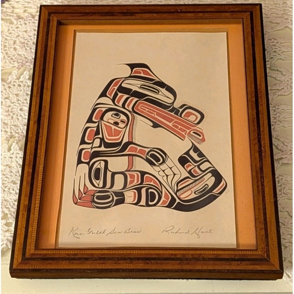 Richard Hunt Signed Print "Kwa gulth Sea Bear" wood Framed Native Art 10.5x8.25